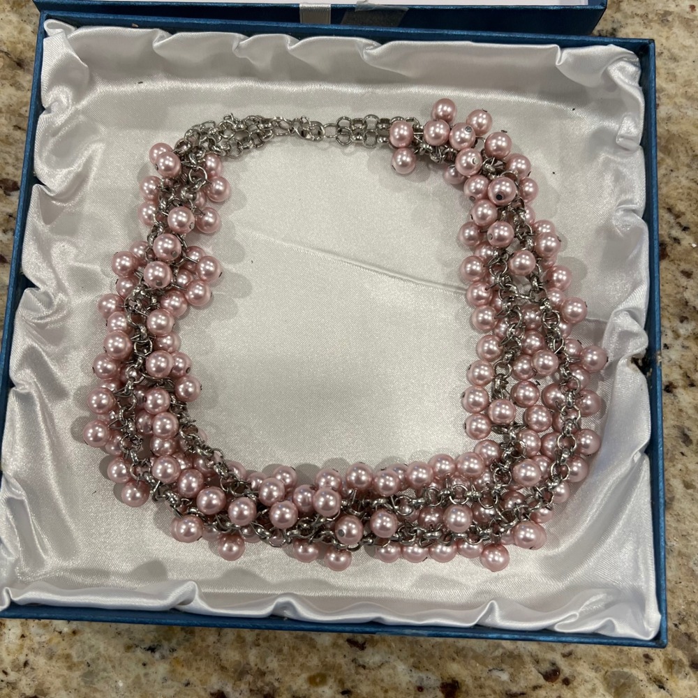 Pink Faux Pearl Cluster Multi Strand Statement Necklace Silver Tone Bib Boxed
